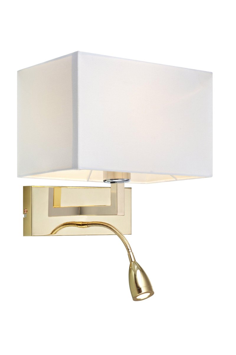 Savoy Latón lámpara de lectura De Markslöjd - Una elegante lámpara de pared con pantalla textil blanca y lámpara de lectura independiente de latón, perfecta para el dormitorio.