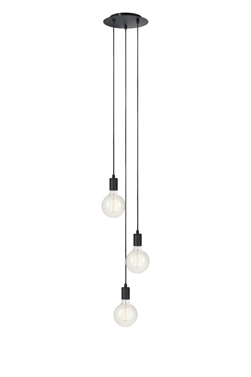 Sky Ø25 Negro Lámpas de techo De Markslöjd - L&aacute;mpara de techo de la serie Sky, con tres portal&aacute;mparas met&aacute;licos de color negro y cable textil de color negro que cuelga a diferentes alturas de un soporte de techo redondo.