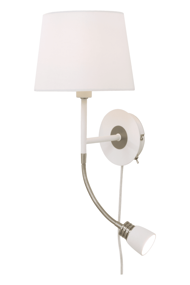 Eketorp Blanco lámpara de lectura De Aneta Lighting - El aplique Eketorp, fabricado en metal lacado blanco con detalles de acero y pantalla de tela blanca, cuenta con un brazo ajustable con un LED integrado de 3 W que emite una agradable luz blanca c&aacute;lida.