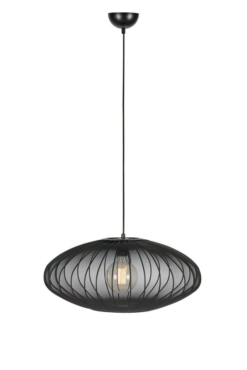 Florence Ø60 Negro Lámpas de techo De Markslöjd - Florence es una elegante lámpara de techo de forma ovalada y pantalla de tela negra que proporciona una agradable luz ambiental.