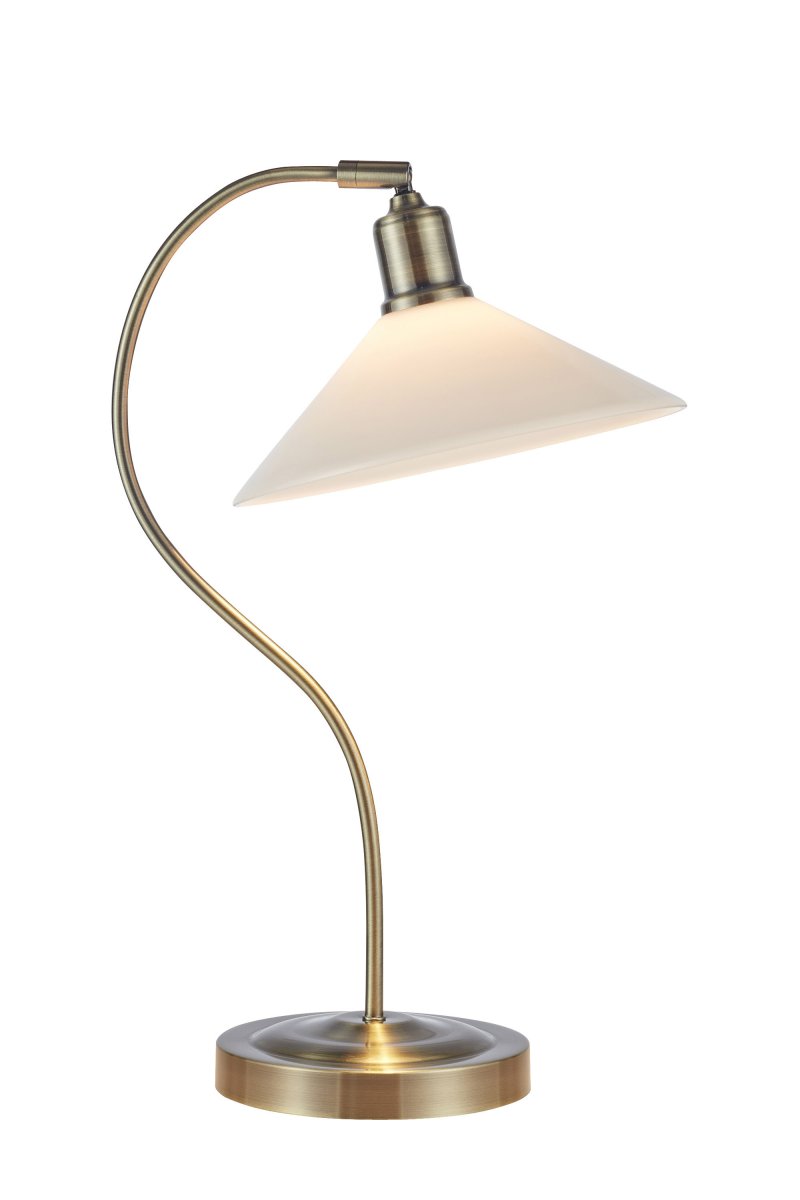 Vela 50cm Latón/blanco lámpara de mesa De Markslöjd - Lámpara de mesa de diseño clásico, que recuerda a las lámparas de zapatero, con pantalla de cristal opalino blanco brillante y base curvada con aspecto de latón.