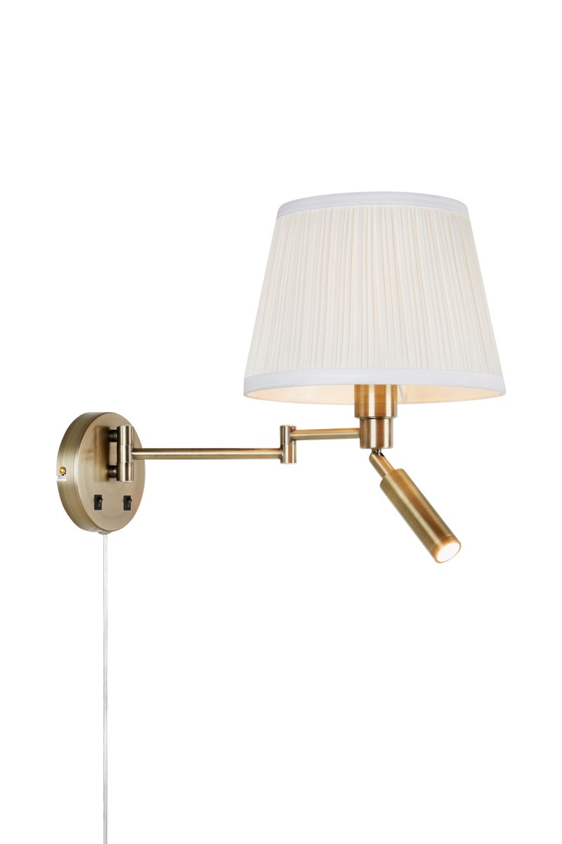 Pivot 43cm Latón lámpara de lectura De Markslöjd - Encantadora l&aacute;mpara de pared con acabado en lat&oacute;n, dos puntos de luz funcionales, un brazo giratorio con pantalla de tela plisada color crema y una l&aacute;mpara de noche ajustable con LED integrado que proporciona una luz focalizada justo donde la necesitas.