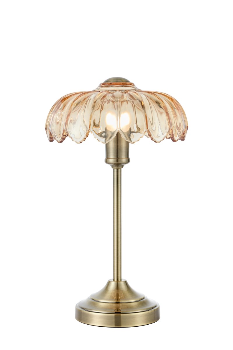 Kurage 43cm Latón antiguo/ámbar lámpara de mesa De Markslöjd - L&aacute;mpara de mesa cl&aacute;sica con base de lat&oacute;n antiguo y pantalla decorativa de cristal color &aacute;mbar.