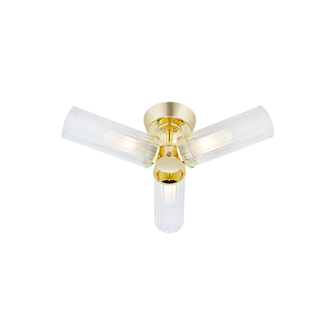 Rimini Ø40 Latón lámpara de baño De Markslöjd - La elegante l&aacute;mpara de techo Rimini combina un acabado de lat&oacute;n pulido con tres pantallas alargadas de cristal transparente estriado.