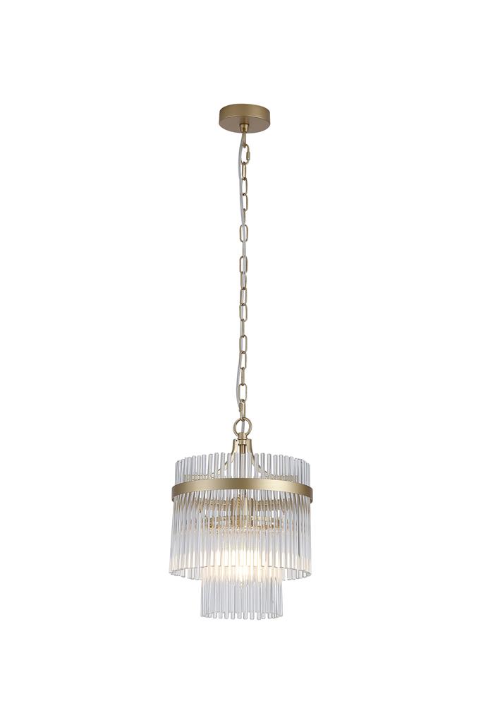 Lara Ø26 Oro cepillado cristal De Searchlight - Su estructura redonda de metal con acabado dorado cepillado est&aacute; adornada con varillas de vidrio transparente que captan y reflejan la luz como prismas, creando una luz suave y acogedora en la habitaci&oacute;n.
