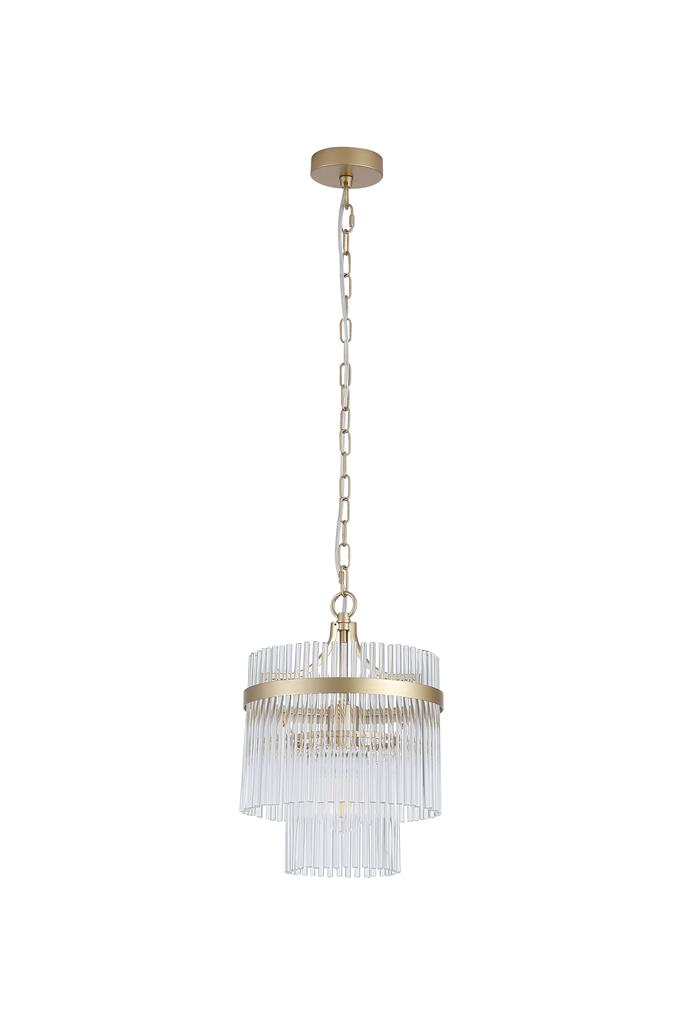 Lara Ø26 Oro cepillado cristal De Searchlight - Su estructura redonda de metal con acabado dorado cepillado est&aacute; adornada con varillas de vidrio transparente que captan y reflejan la luz como prismas, creando una luz suave y acogedora en la habitaci&oacute;n.