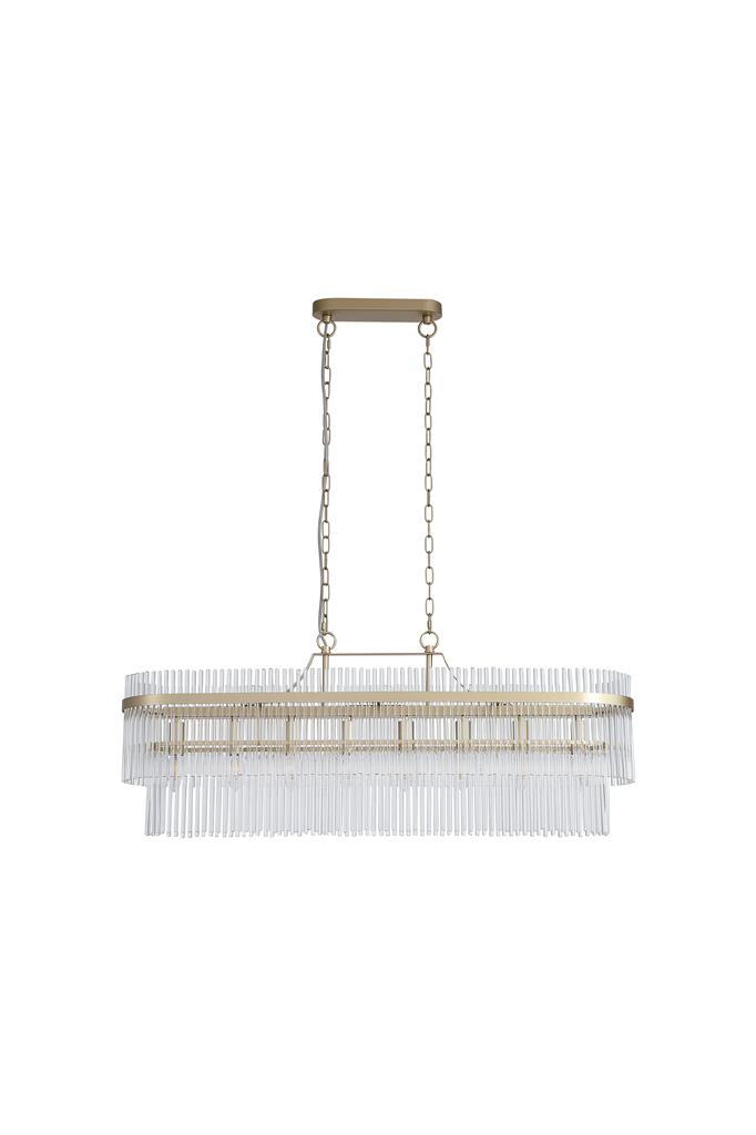 Lara 98cm Oro cepillado cristal De Searchlight - Su estructura ovalada de metal con acabado dorado cepillado está adornada con varillas de vidrio transparente que captan y reflejan la luz como prismas, creando una luz suave y acogedora en la habitación.
