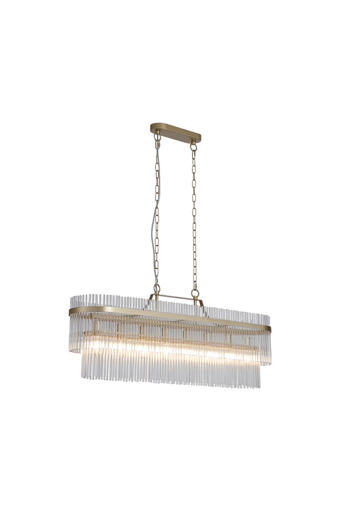 Lara 98cm Oro cepillado cristal De Searchlight - Su estructura ovalada de metal con acabado dorado cepillado está adornada con varillas de vidrio transparente que captan y reflejan la luz como prismas, creando una luz suave y acogedora en la habitación.