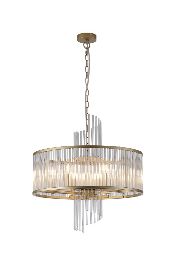 Lara Ø55 Oro cepillado cristal De Searchlight - Su estructura redonda de metal con acabado dorado cepillado está adornada con varillas de vidrio transparente que captan y reflejan la luz como prismas, creando una luz suave y acogedora en la habitación.