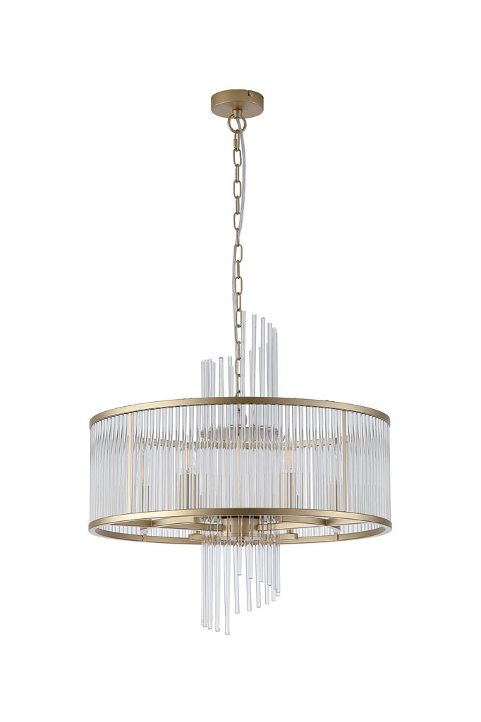 Lara Ø55 Oro cepillado cristal De Searchlight - Su estructura redonda de metal con acabado dorado cepillado está adornada con varillas de vidrio transparente que captan y reflejan la luz como prismas, creando una luz suave y acogedora en la habitación.