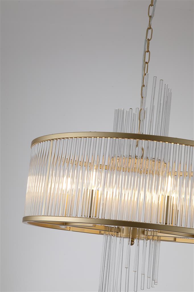 Lara Ø55 Oro cepillado cristal De Searchlight - Su estructura redonda de metal con acabado dorado cepillado está adornada con varillas de vidrio transparente que captan y reflejan la luz como prismas, creando una luz suave y acogedora en la habitación.