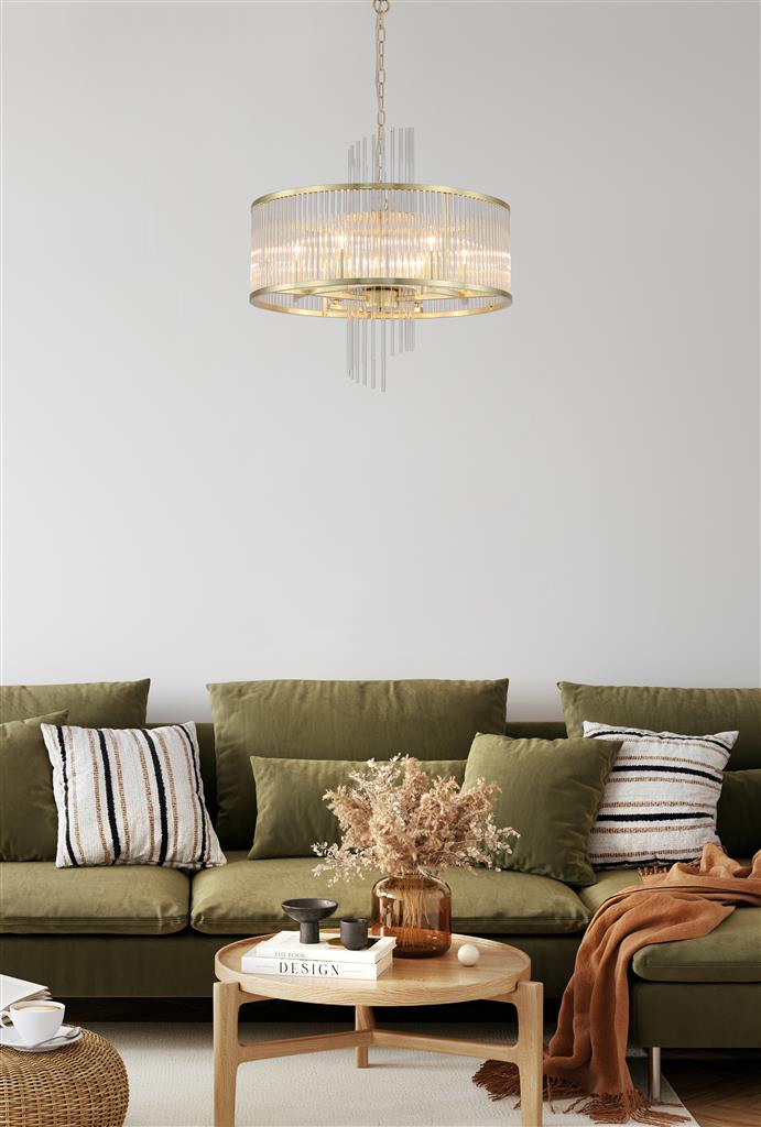 Lara Ø55 Oro cepillado cristal De Searchlight - Su estructura redonda de metal con acabado dorado cepillado está adornada con varillas de vidrio transparente que captan y reflejan la luz como prismas, creando una luz suave y acogedora en la habitación.