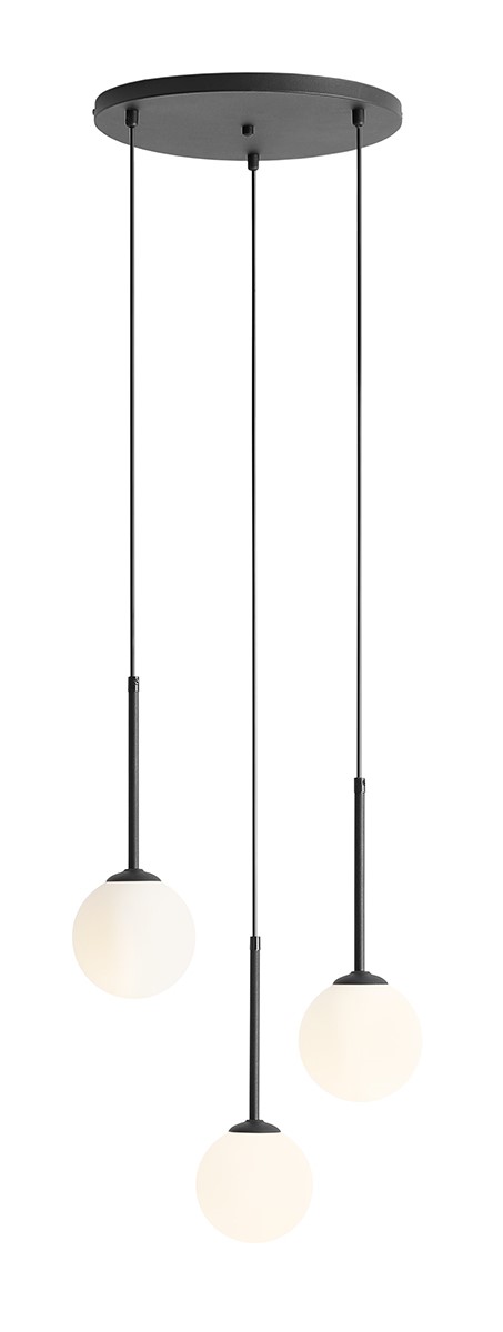 Bosso Ø44 Negro Lámpas de techo De Artera - Esta elegante lámpara de techo con tres esferas colgantes de cristal opalino y detalles de metal negro realza el ambiente de cualquier estancia.