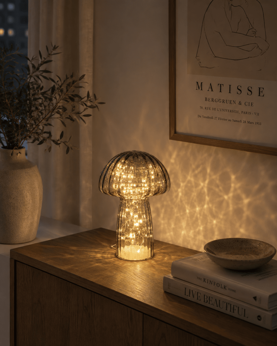 Svamp 23cm Gris lámpara de mesa De Pixie Design - Descubre la elegancia de la l&aacute;mpara de mesa Mushroom de cristal: una l&aacute;mpara &uacute;nica que combina estilo y funcionalidad.