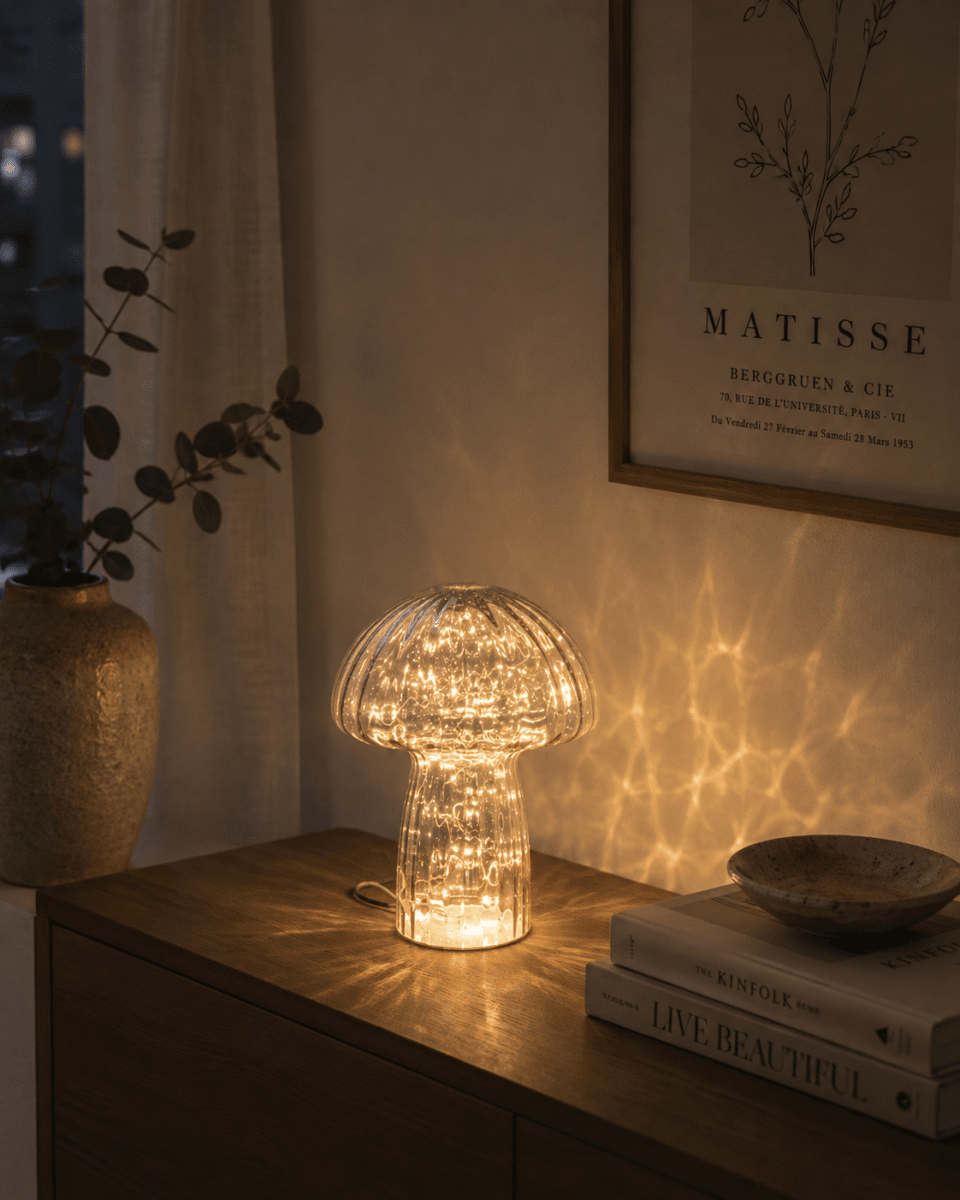 Svamp 23cm Azul lámpara de mesa De Pixie Design - Descubre la elegancia de la l&aacute;mpara de mesa Mushroom de cristal: una l&aacute;mpara &uacute;nica que combina estilo y funcionalidad.
