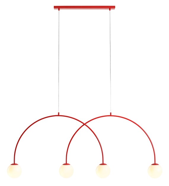 Una 150cm ROJO Lámpas de techo De Artera - La combinación de metal rojo y pantallas de cristal blanco crea un contraste armonioso y añade un toque de elegancia moderna a cualquier estancia.