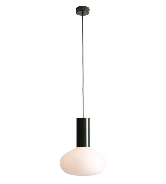 Imagen ampliada de Flo Ø26 Verde oscuro Lámpas de techo De Artera - Presenta un elegante marco verde oscuro y una pantalla redonda de vidrio blanco que emite una luz suave y agradable.