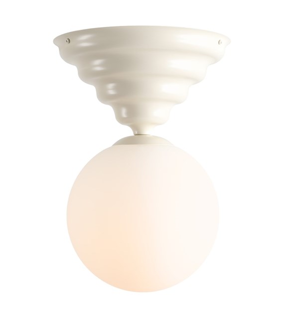 Wave Ø30 Blanco cremoso plafón De Artera - Cuenta con un mango blanco crema con un diseño ligeramente ondulado y una pantalla redonda de vidrio blanco que distribuye una luz agradable y uniforme por toda la habitación.