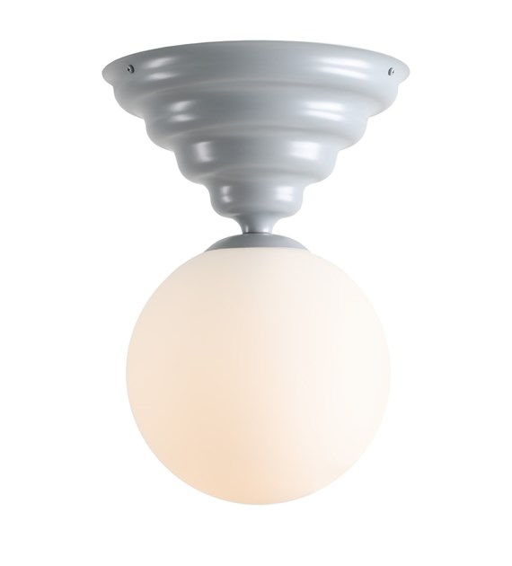 Wave Ø30 Azul plafón De Artera - Presenta una base azul grisácea con un diseño suavemente ondulado y una pantalla redonda de vidrio blanco que distribuye una luz agradable y uniforme por toda la habitación.