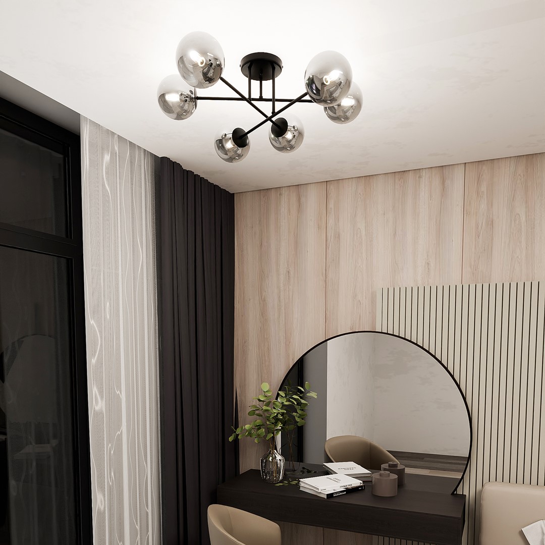 Roma Ø75 Color humo plafón De Emibig Lighting - Su estructura de metal negro armoniza maravillosamente con las pantallas de cristal ahumado, que difunden una luz suave y agradable.