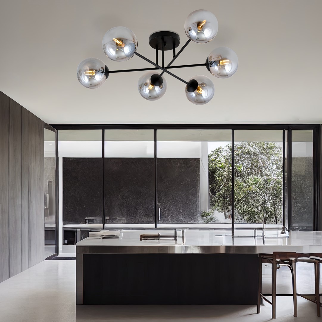 Roma Ø75 Color humo plafón De Emibig Lighting - Su estructura de metal negro armoniza maravillosamente con las pantallas de cristal ahumado, que difunden una luz suave y agradable.