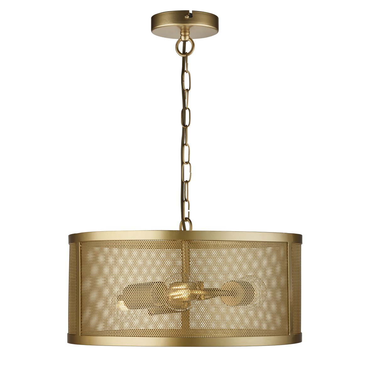 Fishnet Ø45 Oro mate Lámpas de techo De Searchlight - Esta impresionante lámpara colgante de red en oro mate encierra tres fuentes de luz en una hermosa y decorativa jaula de red de color dorado.