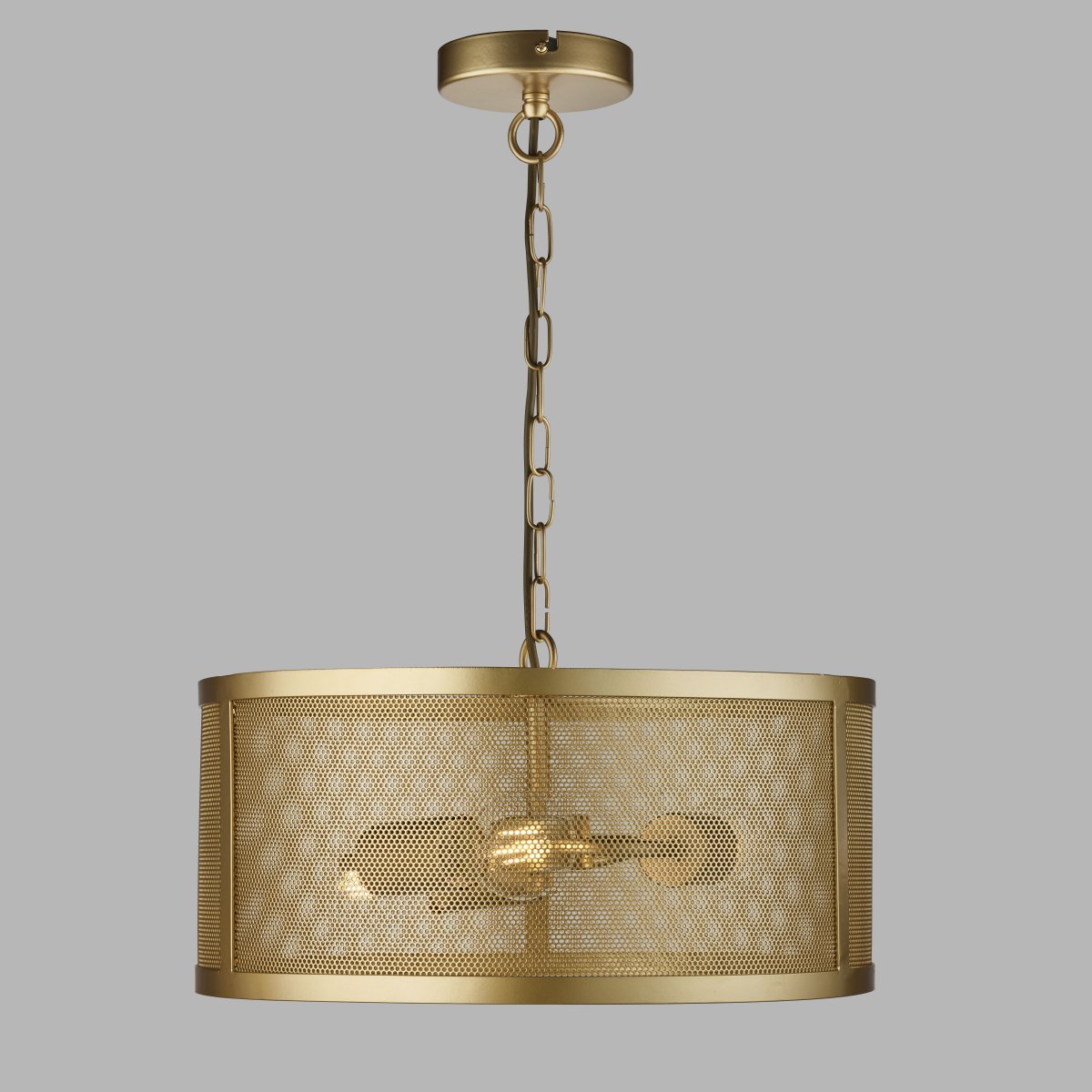 Fishnet Ø45 Oro mate Lámpas de techo De Searchlight - Esta impresionante lámpara colgante de red en oro mate encierra tres fuentes de luz en una hermosa y decorativa jaula de red de color dorado.
