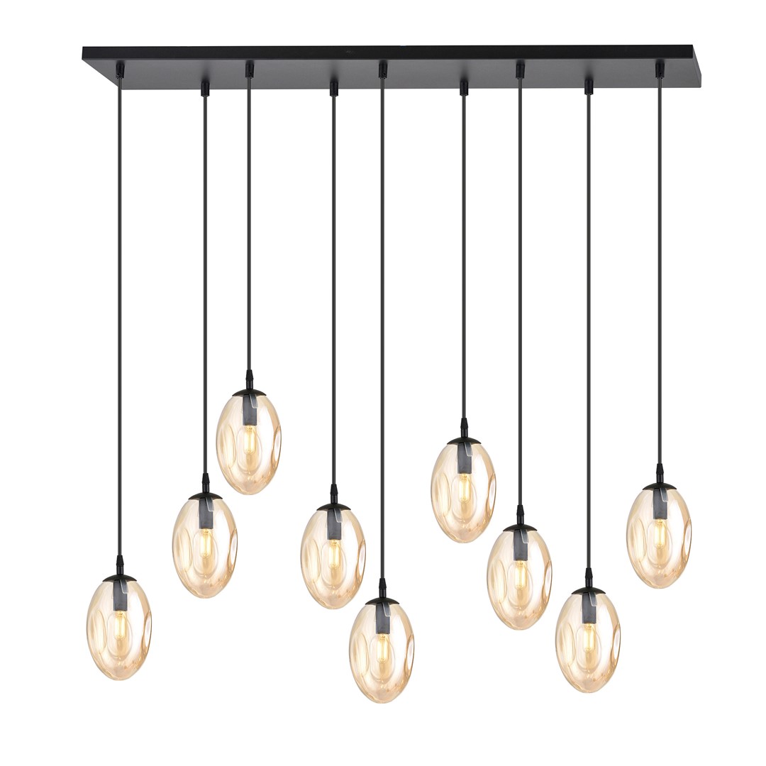 Astral 100cm Ámbar Lámpas de techo De Emibig Lighting - Su generoso diseño con múltiples elementos colgantes crea un juego de luces efectivo, con las cúpulas de cristal color ámbar que difunden un brillo suave y atmosférico.