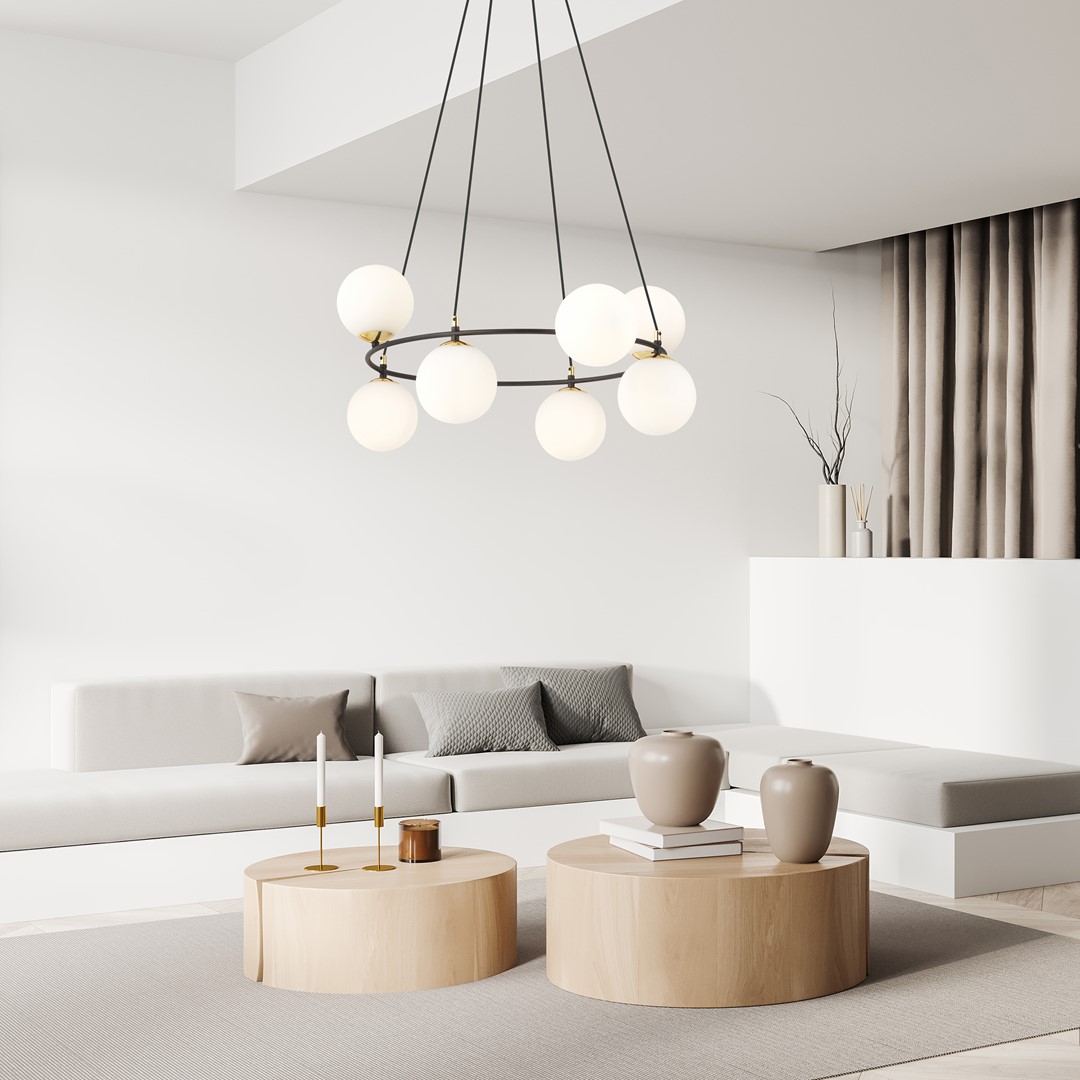 Azura Ø75 Blanco De Emibig Lighting - La forma redonda de la l&aacute;mpara con pantallas dispuestas asim&eacute;tricamente confiere a la estancia una atm&oacute;sfera &uacute;nica y subraya su car&aacute;cter moderno y elegante.