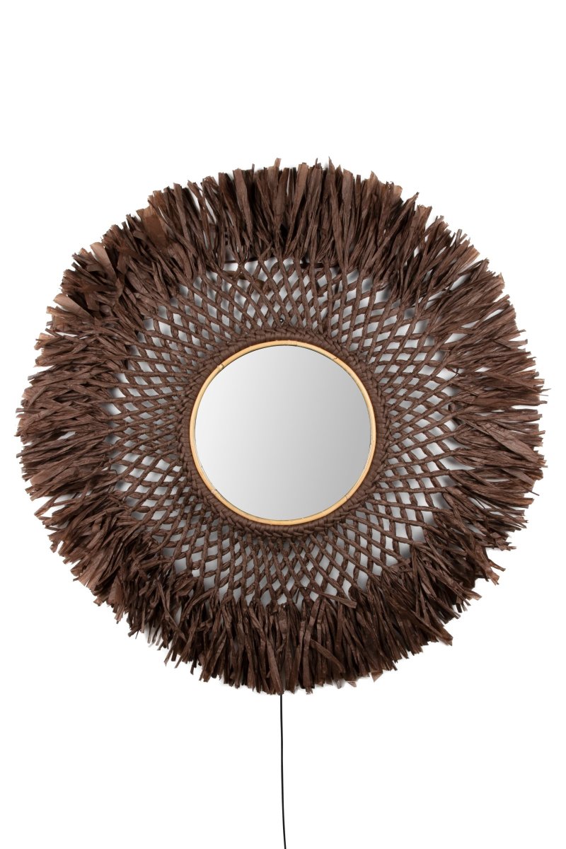 Spegel Ø90 Marrón lámpara de pared De Globen Lighting - La lámpara está hecha de papel fino de color marrón atado a mano, tiene un espejo en el medio y, como detalle adicional, un pequeño anillo de madera en la parte superior.