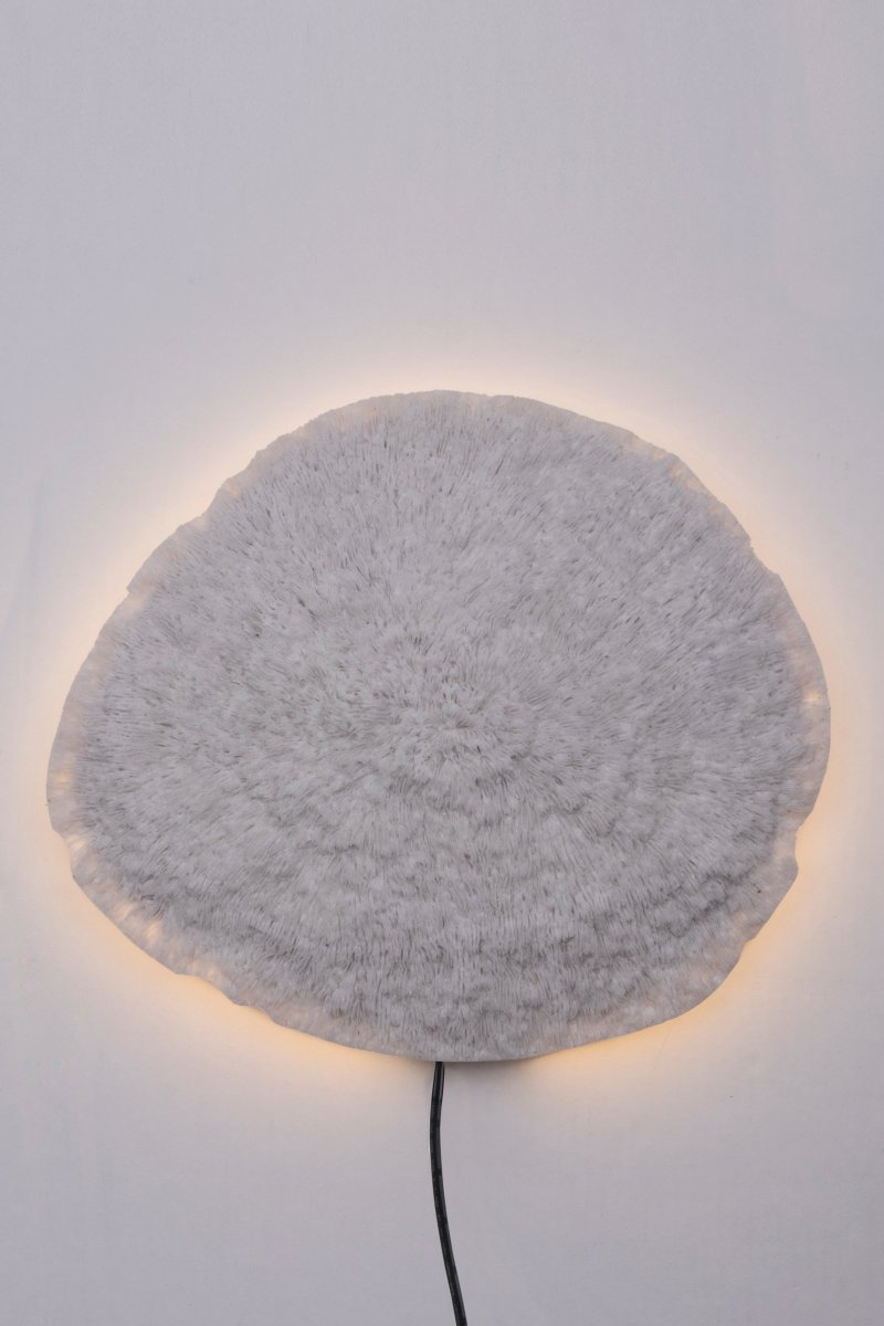 Nemo Blanco lámpara de pared De Globen Lighting - La lámpara está hecha de poliresina blanca y piedra arenisca y tiene un cable negro de 200 cm de largo con interruptor.