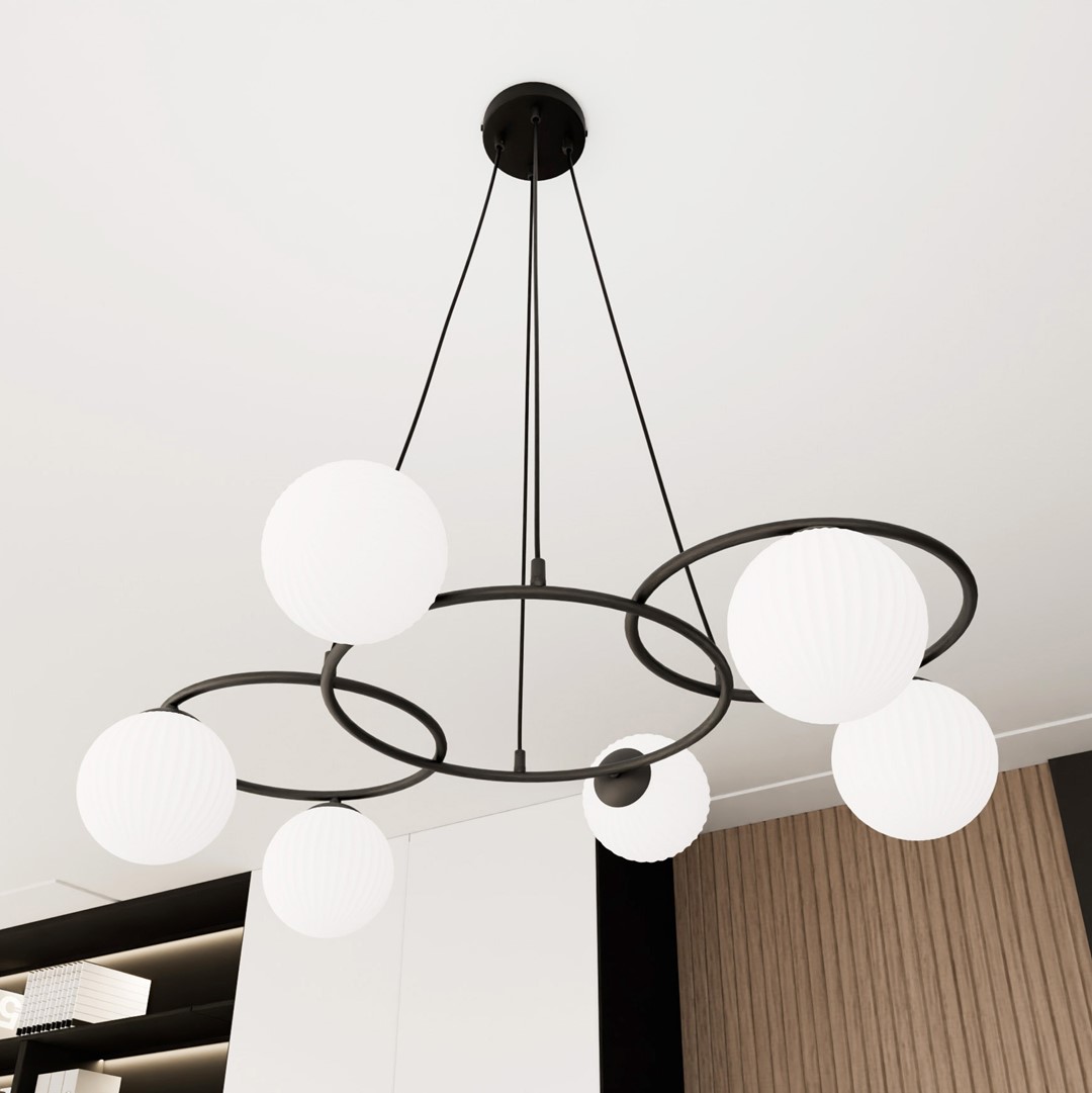 Libra 88cm Blanco Lámpas de techo De Emibig Lighting - Se compone de tres anillos que le dan una expresi&oacute;n ligera y armoniosa, mientras que las c&uacute;pulas de cristal opalino difunden una luz agradable y sin deslumbramientos que crea un ambiente acogedor.