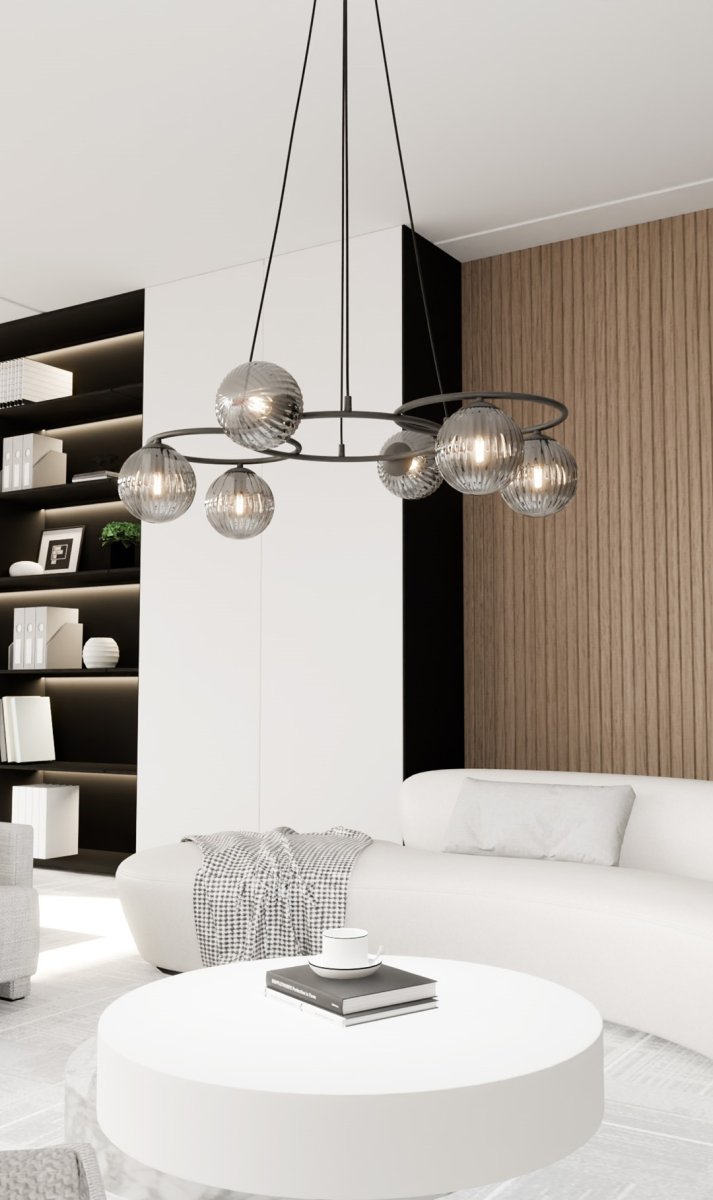 Libra 88cm Color humo Lámpas de techo De Emibig Lighting - Se compone de tres anillos que le dan una expresi&oacute;n ligera y armoniosa, mientras que las pantallas de cristal ahumado difunden una luz c&aacute;lida y agradable que crea una hermosa atm&oacute;sfera.