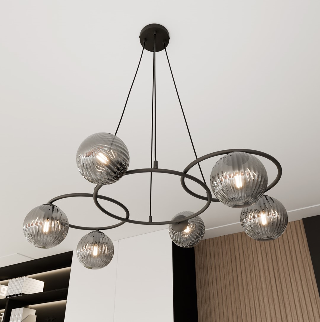 Libra 88cm Color humo Lámpas de techo De Emibig Lighting - Se compone de tres anillos que le dan una expresi&oacute;n ligera y armoniosa, mientras que las pantallas de cristal ahumado difunden una luz c&aacute;lida y agradable que crea una hermosa atm&oacute;sfera.