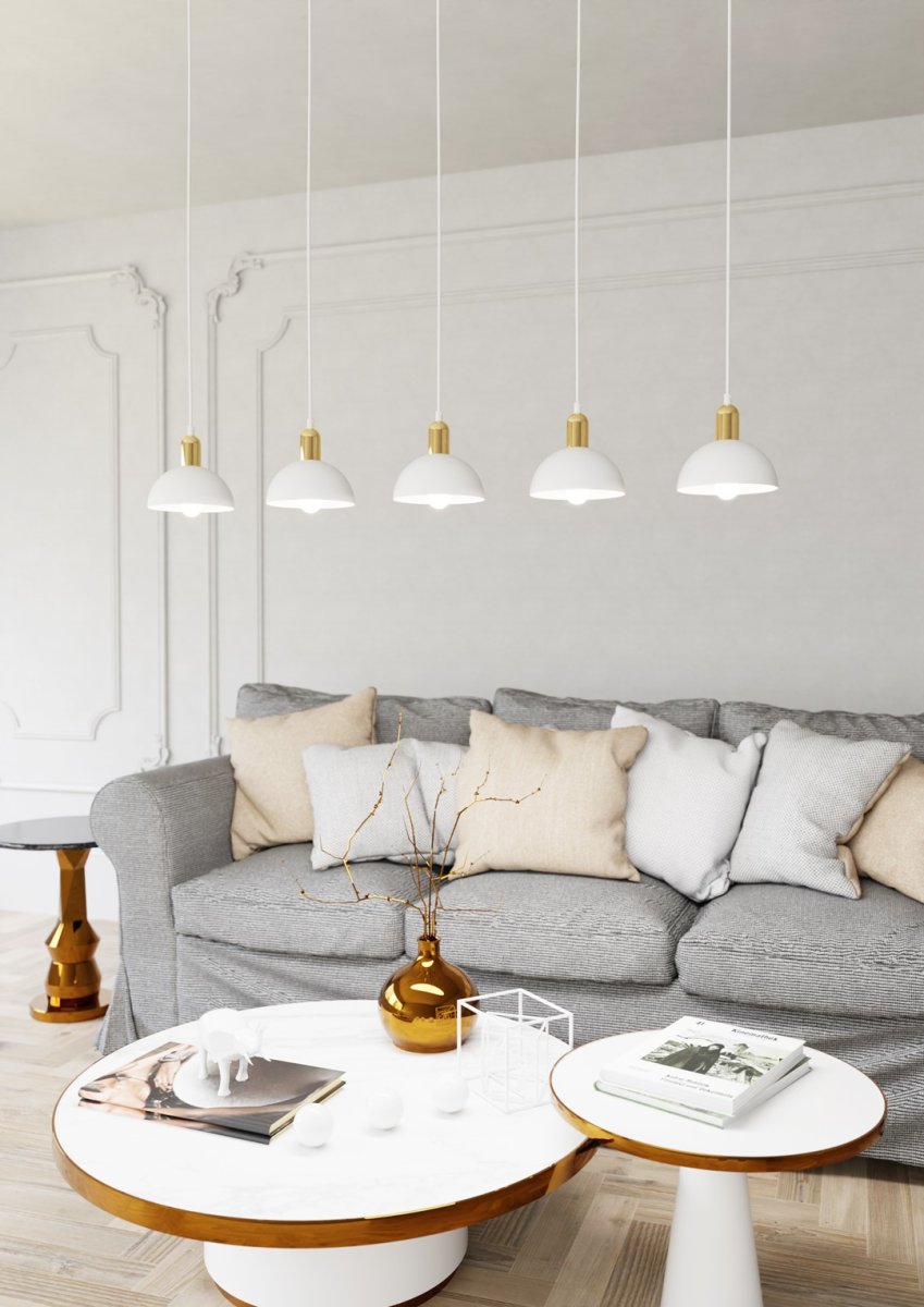 Moto 116cm Blanco Lámpas de techo De Emibig Lighting - Las pantallas de metal crudo le dan a la l&aacute;mpara un car&aacute;cter distintivo, mientras que los detalles de color dorado a&ntilde;aden calidez y elegancia sutil.