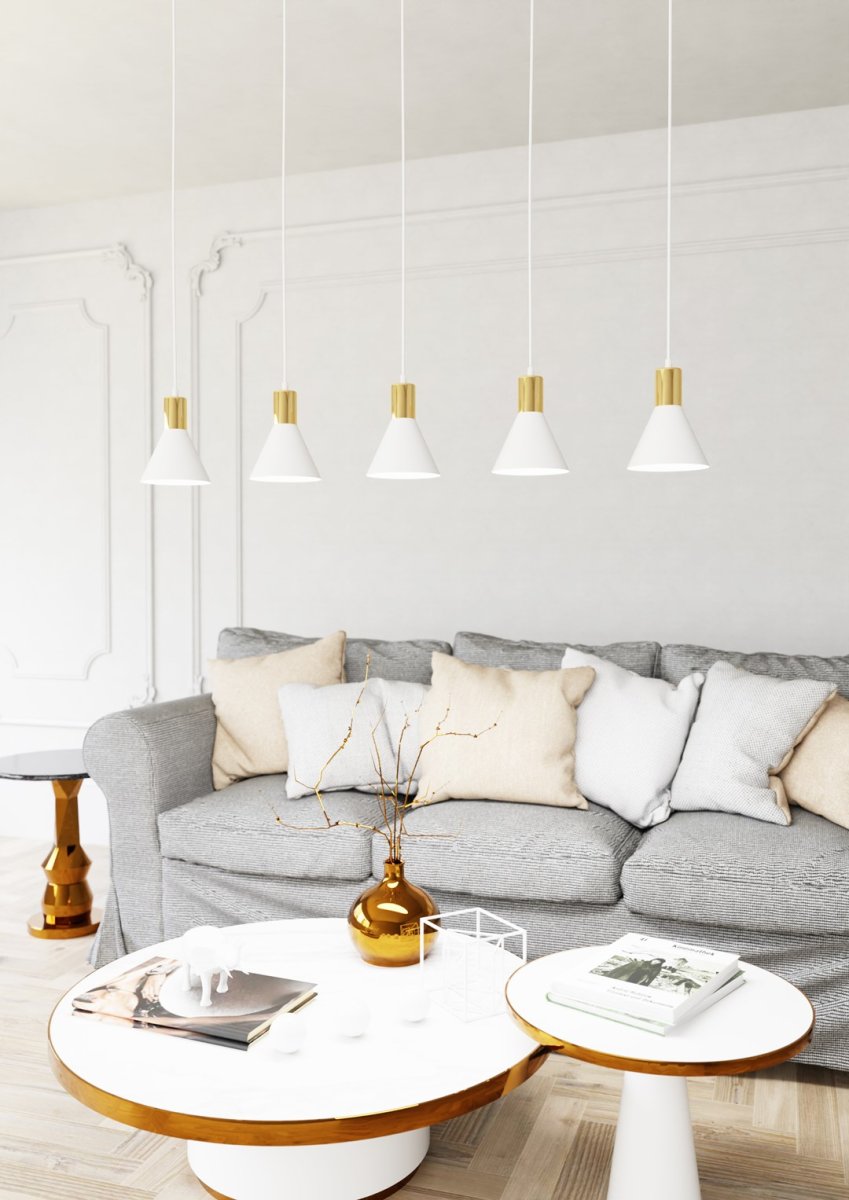 Rosa 116cm Blanco Lámpas de techo De Emibig Lighting - Perfecto para salas de estar, comedores o cocinas, el rosa crea una atm&oacute;sfera &uacute;nica en la habitaci&oacute;n al combinar la rugosidad del metal con la sutil elegancia de un acento dorado.