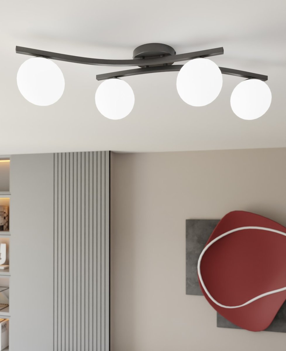 Opus 84cm Blanco plafón De Emibig Lighting - La forma sencilla y las c&uacute;pulas de cristal opalino confieren a la estancia suavidad y ligereza, mientras que la l&aacute;mpara difunde una luz agradable y difusa.
