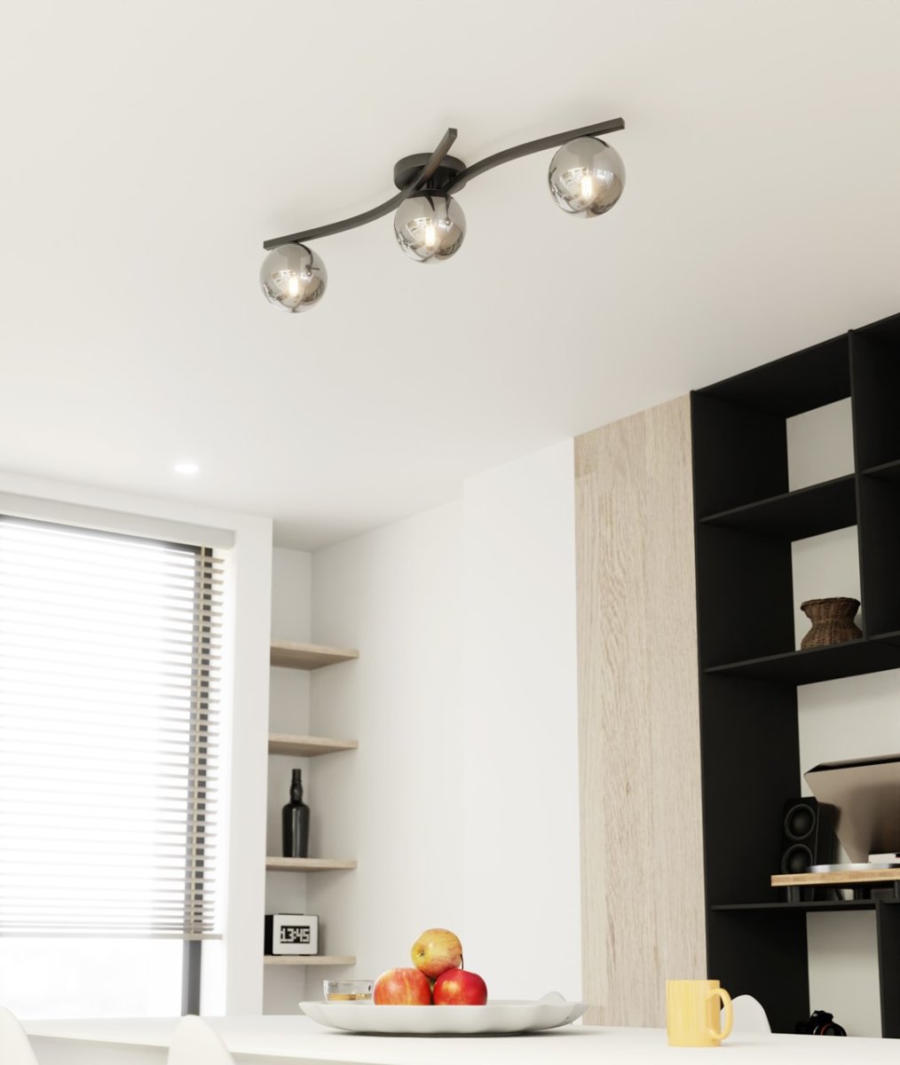 Opus 84cm Color humo plafón De Emibig Lighting - La forma sencilla y las c&uacute;pulas de cristal ahumado confieren a la estancia suavidad y ligereza, mientras que la l&aacute;mpara difunde una luz agradable y difusa.