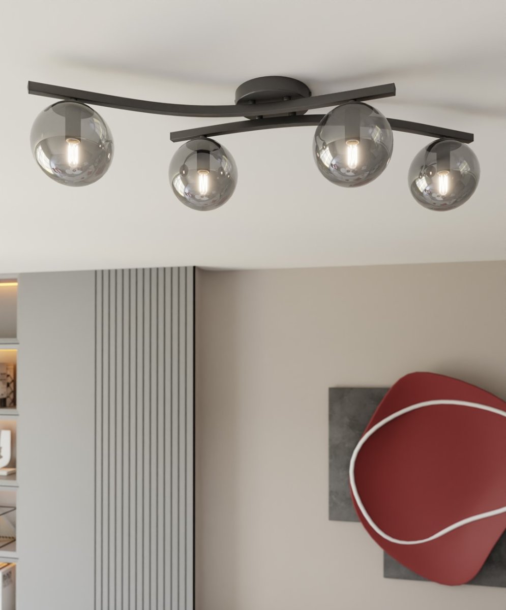 Opus 84cm Color humo plafón De Emibig Lighting - La forma sencilla y las c&uacute;pulas de cristal ahumado confieren a la estancia suavidad y ligereza, mientras que la l&aacute;mpara difunde una luz agradable y difusa.