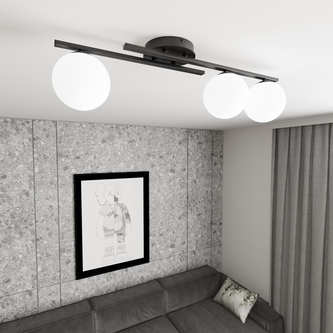 Kairo 74cm En blanco y negro plafón De Emibig Lighting - Una l&aacute;mpara de techo moderna con c&uacute;pulas esf&eacute;ricas blancas.