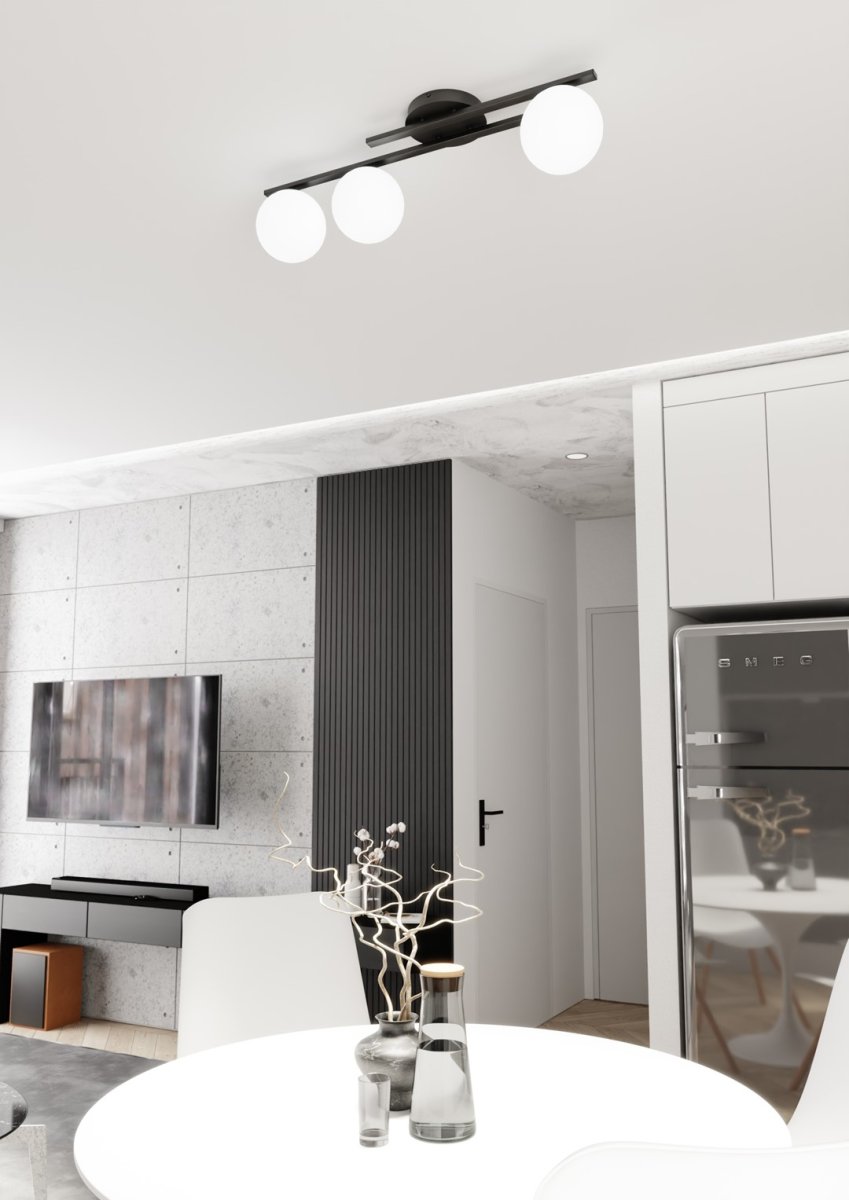 Kairo 74cm En blanco y negro plafón De Emibig Lighting - Una l&aacute;mpara de techo moderna con c&uacute;pulas esf&eacute;ricas blancas.