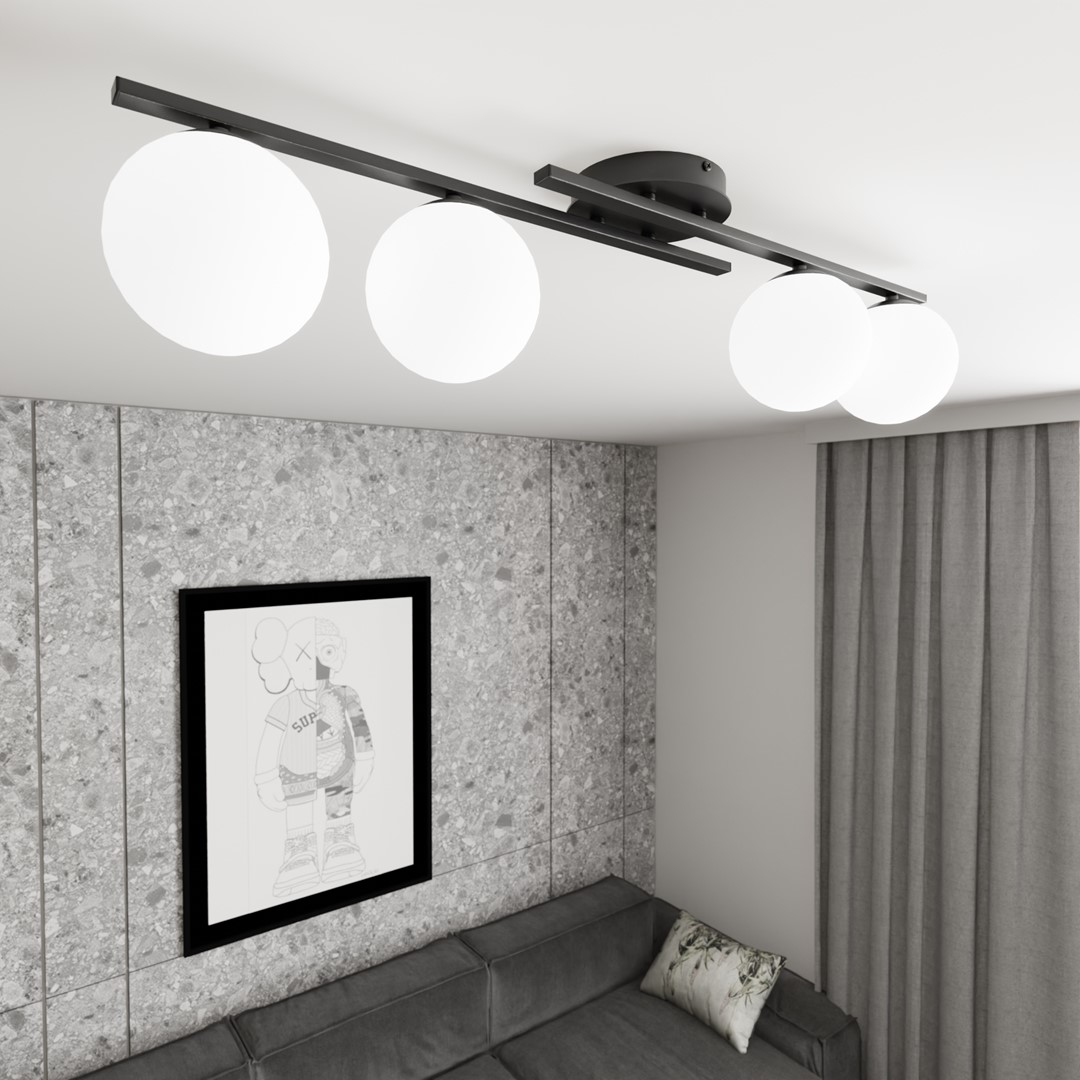 Kairo 87cm Negro plafón De Emibig Lighting - Una l&aacute;mpara de techo moderna con c&uacute;pulas esf&eacute;ricas blancas.