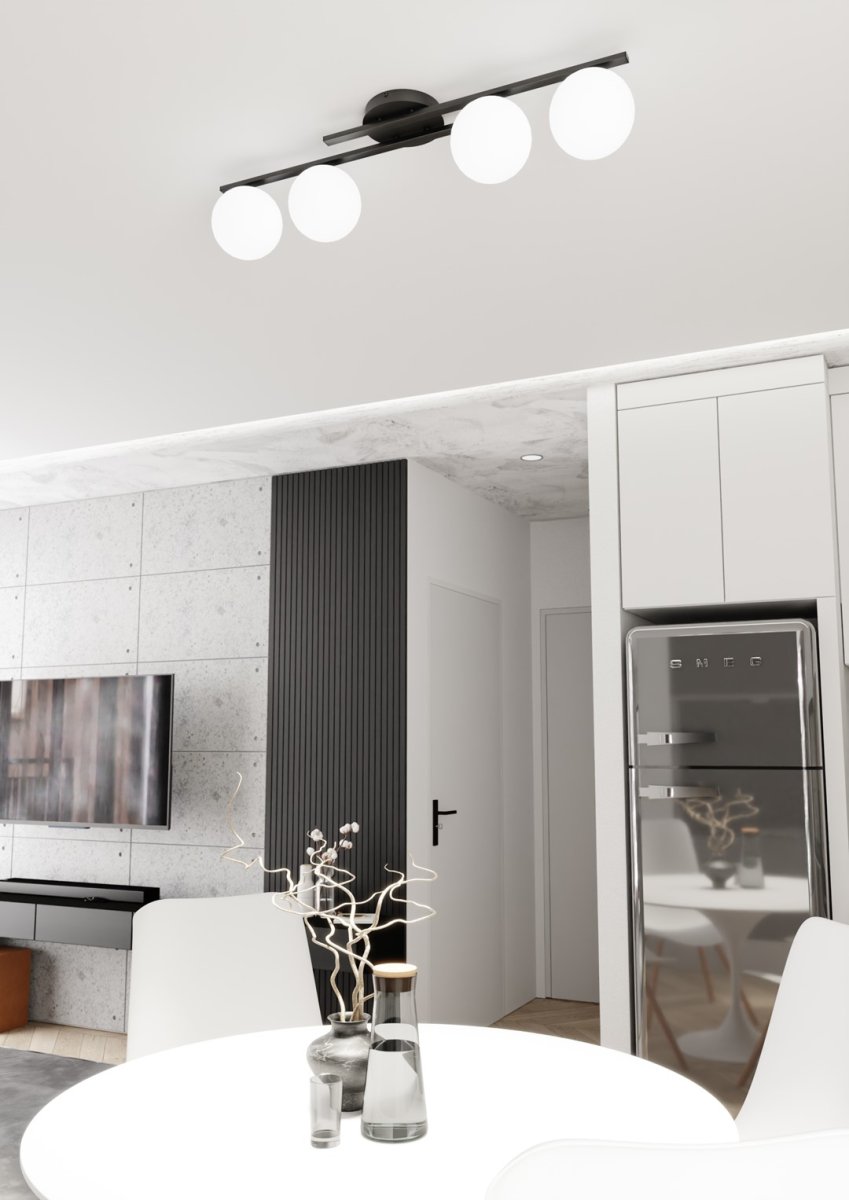 Kairo 87cm Negro plafón De Emibig Lighting - Una l&aacute;mpara de techo moderna con c&uacute;pulas esf&eacute;ricas blancas.