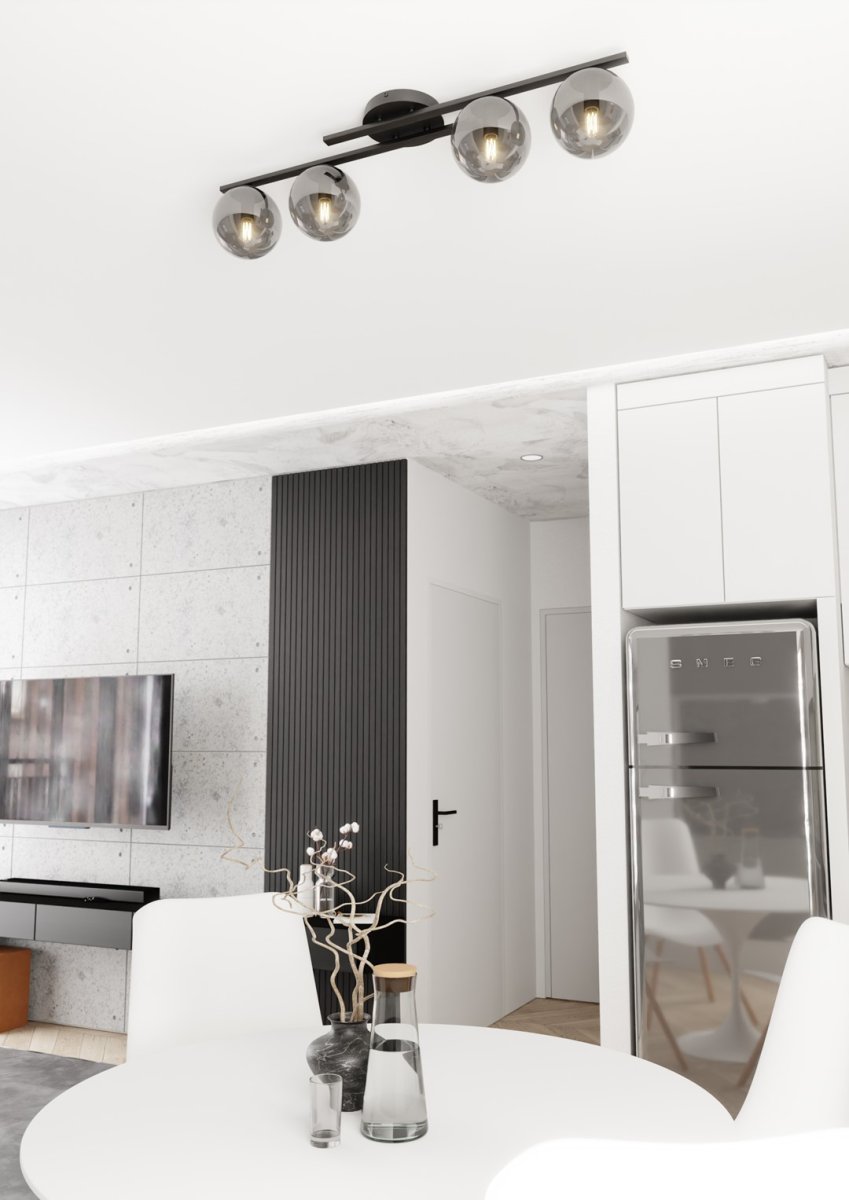 Kairo 87cm Negro/Ahumado plafón De Emibig Lighting - Una l&aacute;mpara de techo moderna con c&uacute;pulas esf&eacute;ricas de color humo sobre un elegante marco negro.