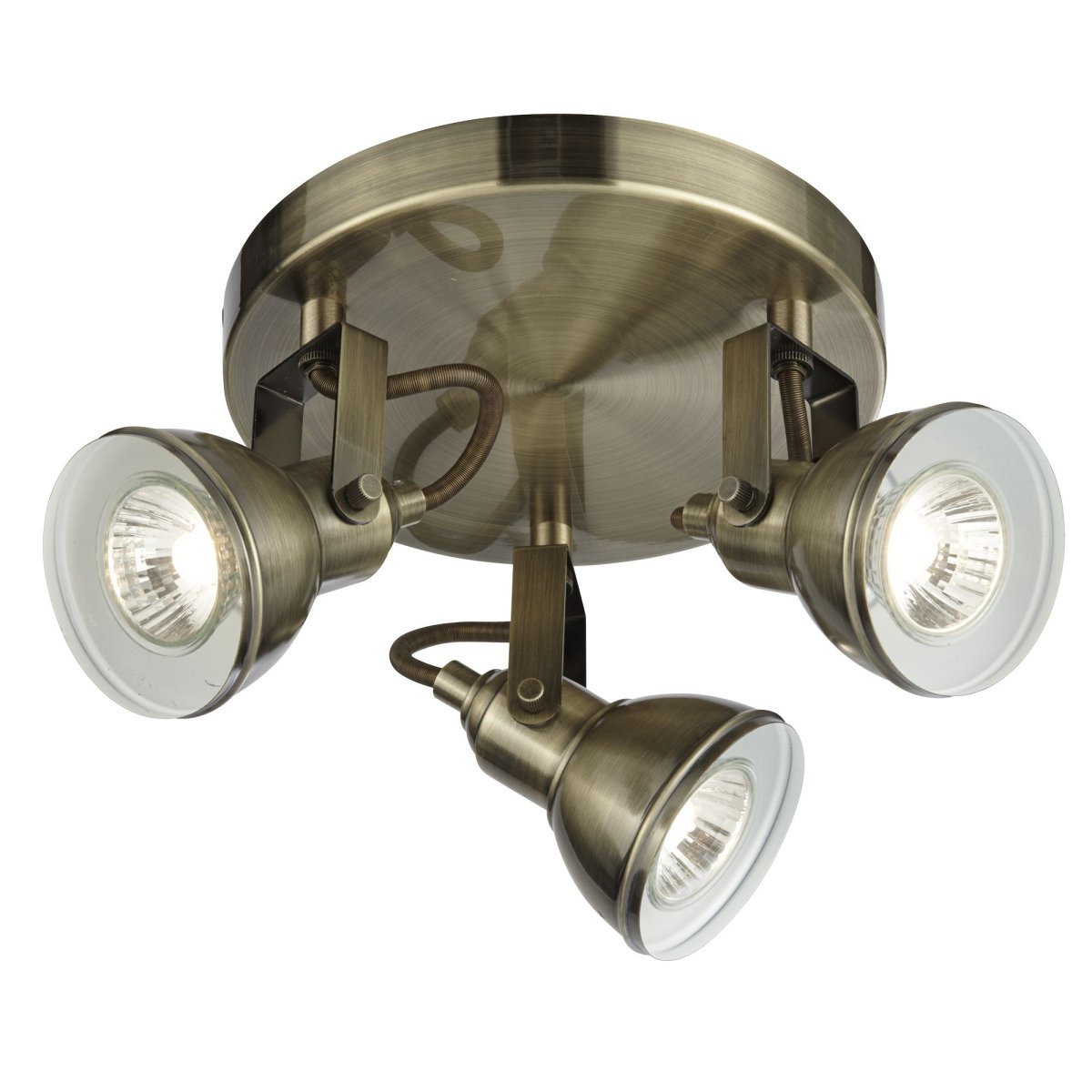 Focus 3 Latón antiguo foco de techo De Searchlight - El foco de techo Focus en latón antiguo con tres fuentes de luz y placa base redonda ofrece un atractivo punto de luz central para cualquier estancia de su hogar.