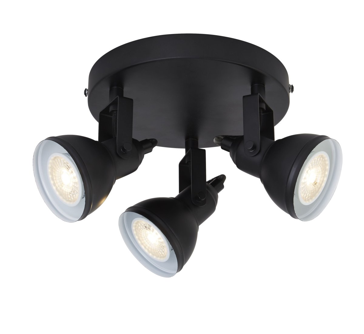 Focus 3 Negro mate foco de techo De Searchlight - El foco Focus con tres fuentes de luz est&aacute; fijado a una placa met&aacute;lica redonda de color negro y es perfecto para estancias m&aacute;s peque&ntilde;as, como dormitorios u oficinas en casa.