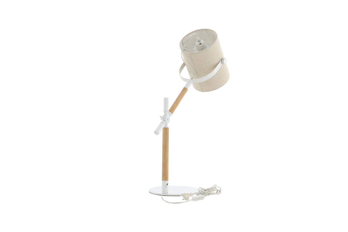 Dennis 66cm Blanco/madera lámpara de escritorio De Venture Design - La pantalla de lino beige proporciona una luz agradable, y la combinaci&oacute;n de metal blanco y detalles de madera la hace elegante y atemporal.