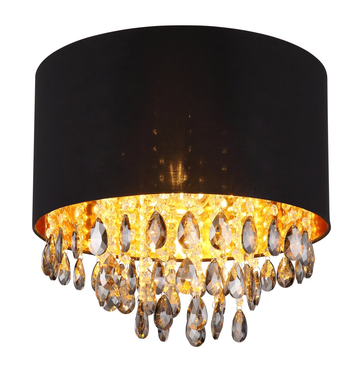 Coletta Ø40 Negro plafón De Globo Lighting - Textilsk&auml;rmen med en guldig insida ger ett behagligt sken och i kombination med prismorna som omfamnar ljusk&auml;llan skapas ett vackert ljusspel i rummet n&auml;r lampan &auml;r t&auml;nd.