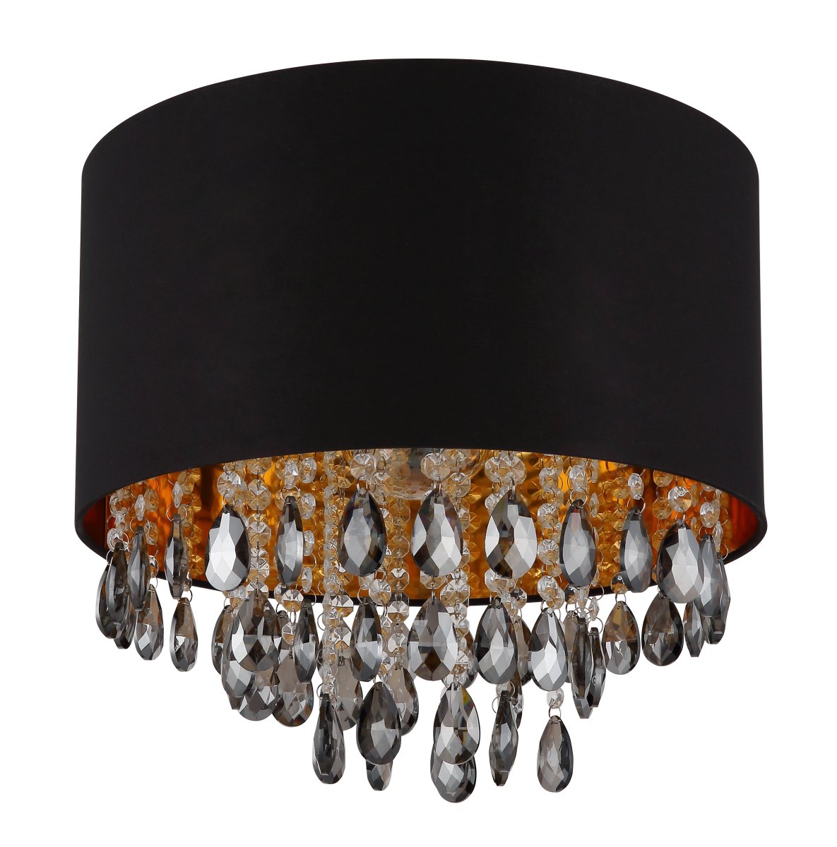 Coletta Ø40 Negro plafón De Globo Lighting - Textilsk&auml;rmen med en guldig insida ger ett behagligt sken och i kombination med prismorna som omfamnar ljusk&auml;llan skapas ett vackert ljusspel i rummet n&auml;r lampan &auml;r t&auml;nd.