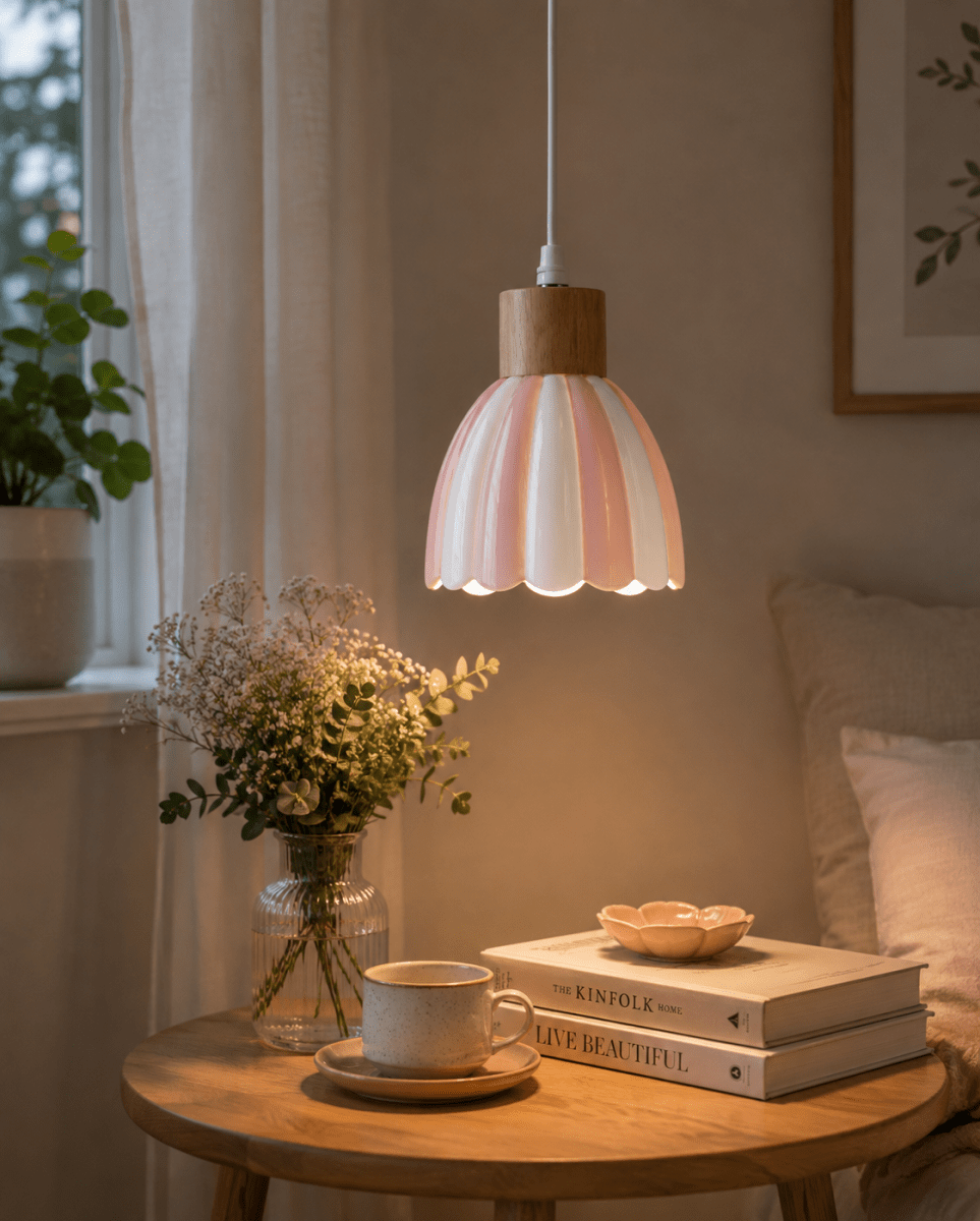 Poppy Ø15 Rosa/blanco lámpara de ventana De Pixie Design - Poppy es una encantadora l&aacute;mpara de ventana de cer&aacute;mica con una forma ligeramente redondeada y detalles decorativos de madera que le dan un toque natural.